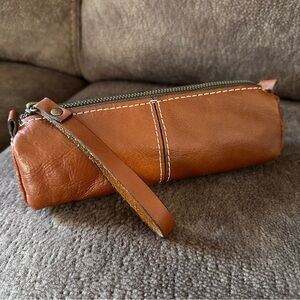 Patricia Nash Brown Leather Cosmetic Pencil Case Pouch w/ Leather Zip Pull